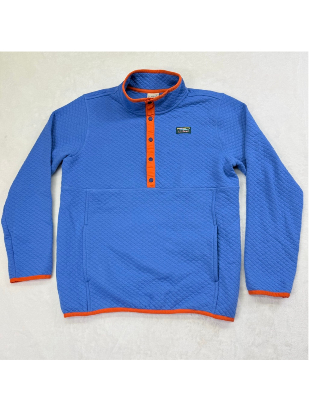 Boys L.L. Bean Blue Quilted Snap-Front Crewneck Sweater Large 14-16 Blue Orange